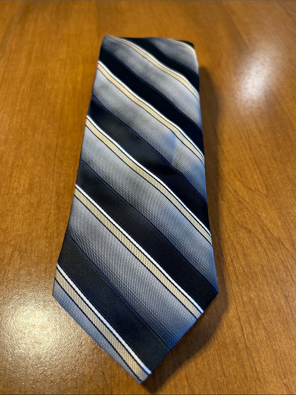 David Taylor Classic Men's Striped Tie in Black, Gray and Gold 100% polyester